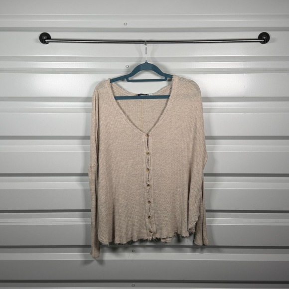 Out From Under Sweaters - Out From Under Waffle Knit Button Front Thermal Top Oatmeal Beige Small